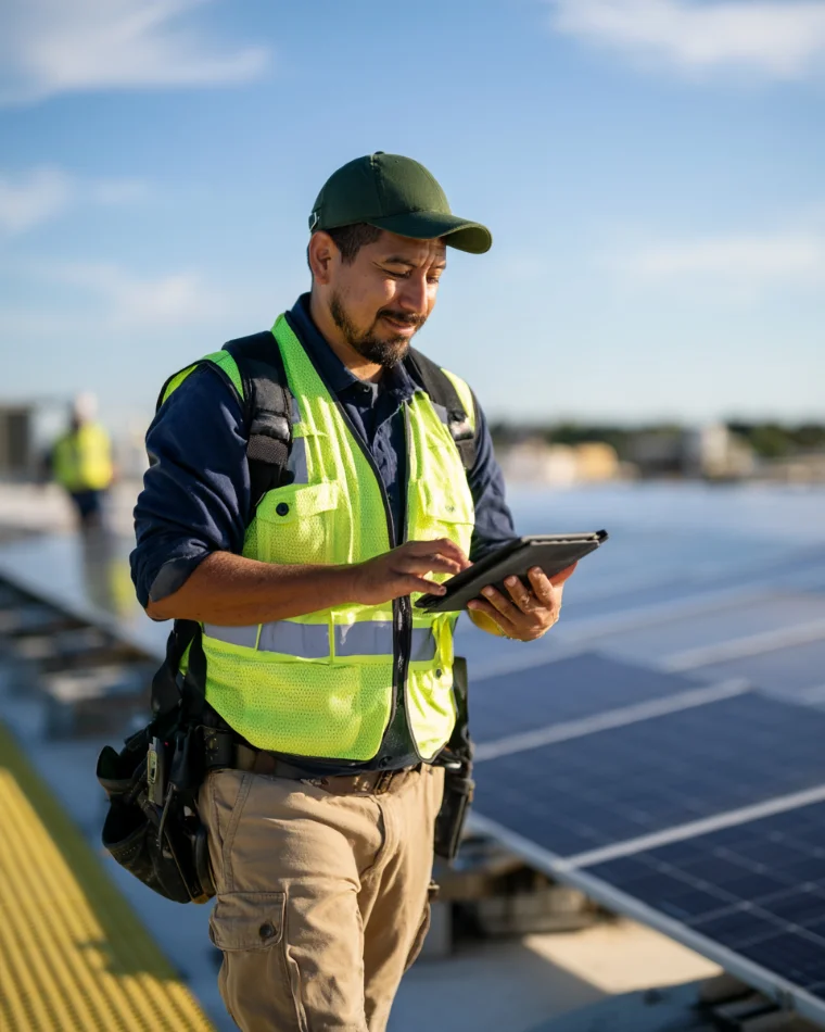 A technician with a tablet walking a rooftop solar array