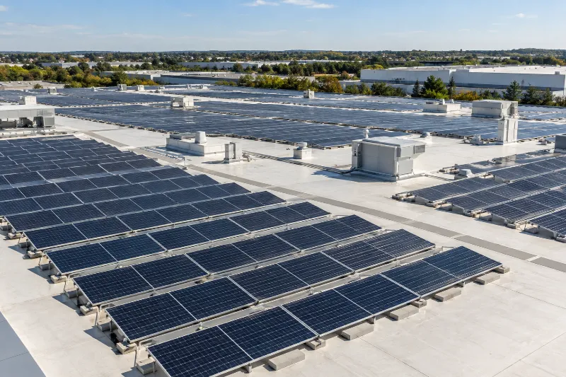 Rooftop solar array on a commercial building, from the Beat the Deadline challenge